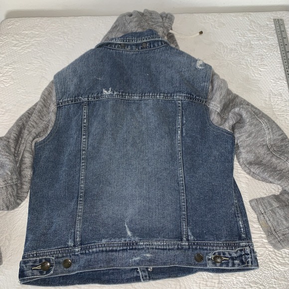 Free People Jacket Women's Size Medium Blue Denim Hoodie Long Sleeve Distressed - Picture 10 of 14